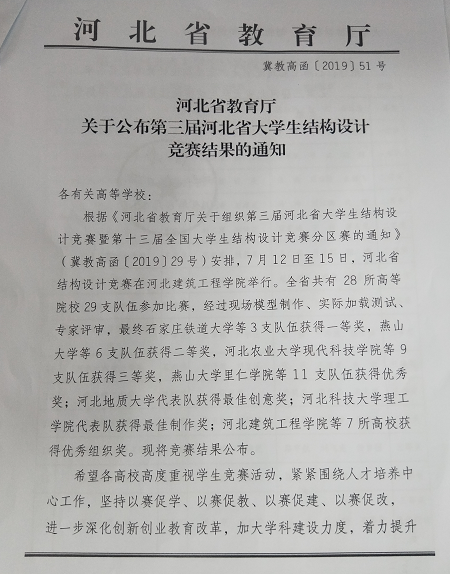 我校建筑工程学院学生团队荣获河北省结构设计大赛三等奖